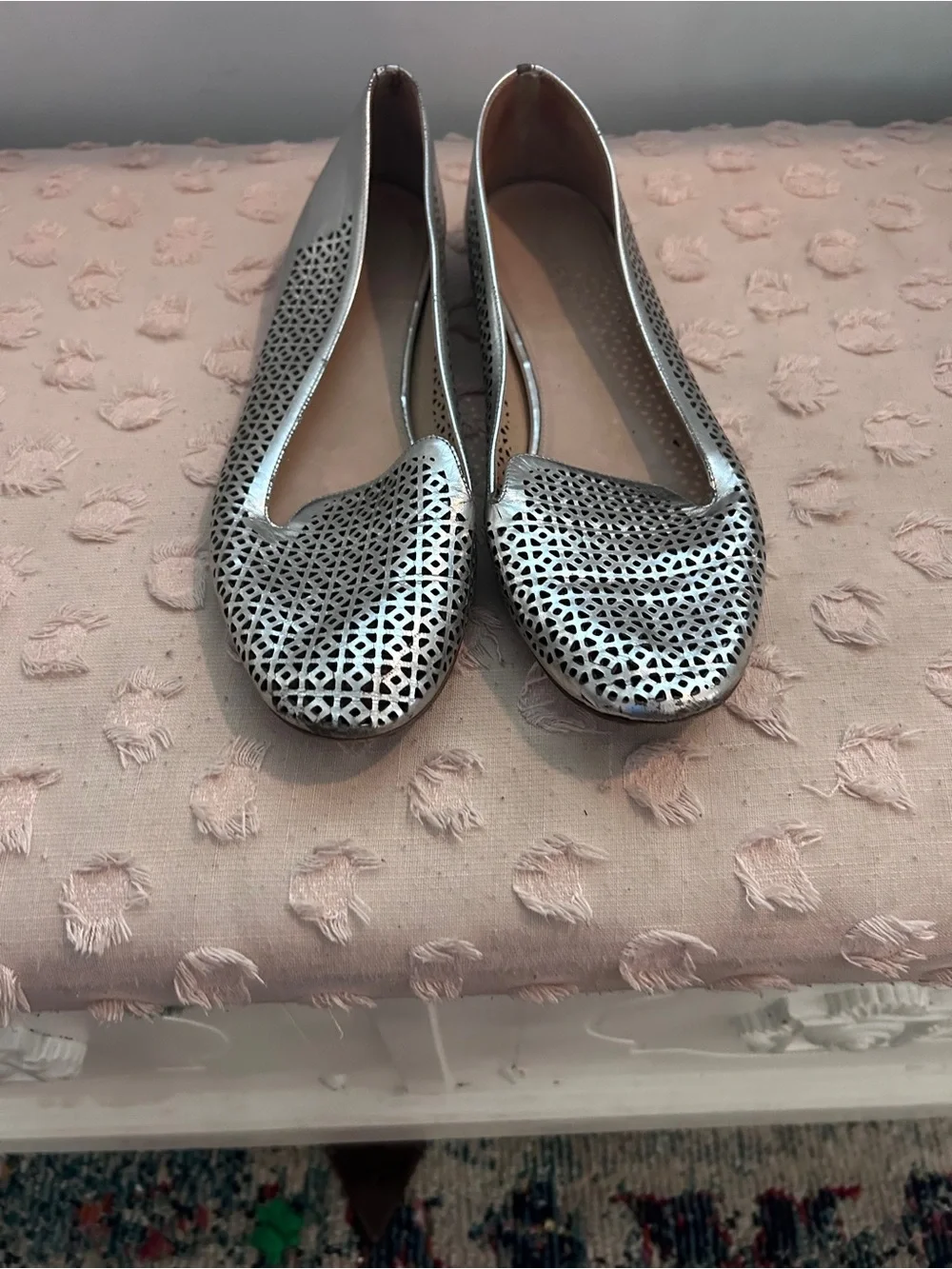 J. Crew Metallic Silver Laser-Cut Leather Flats